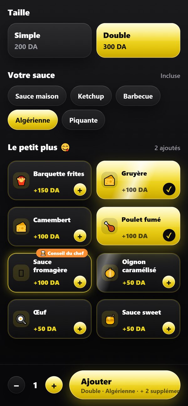 Fiche d'un plat avec ses suppléments