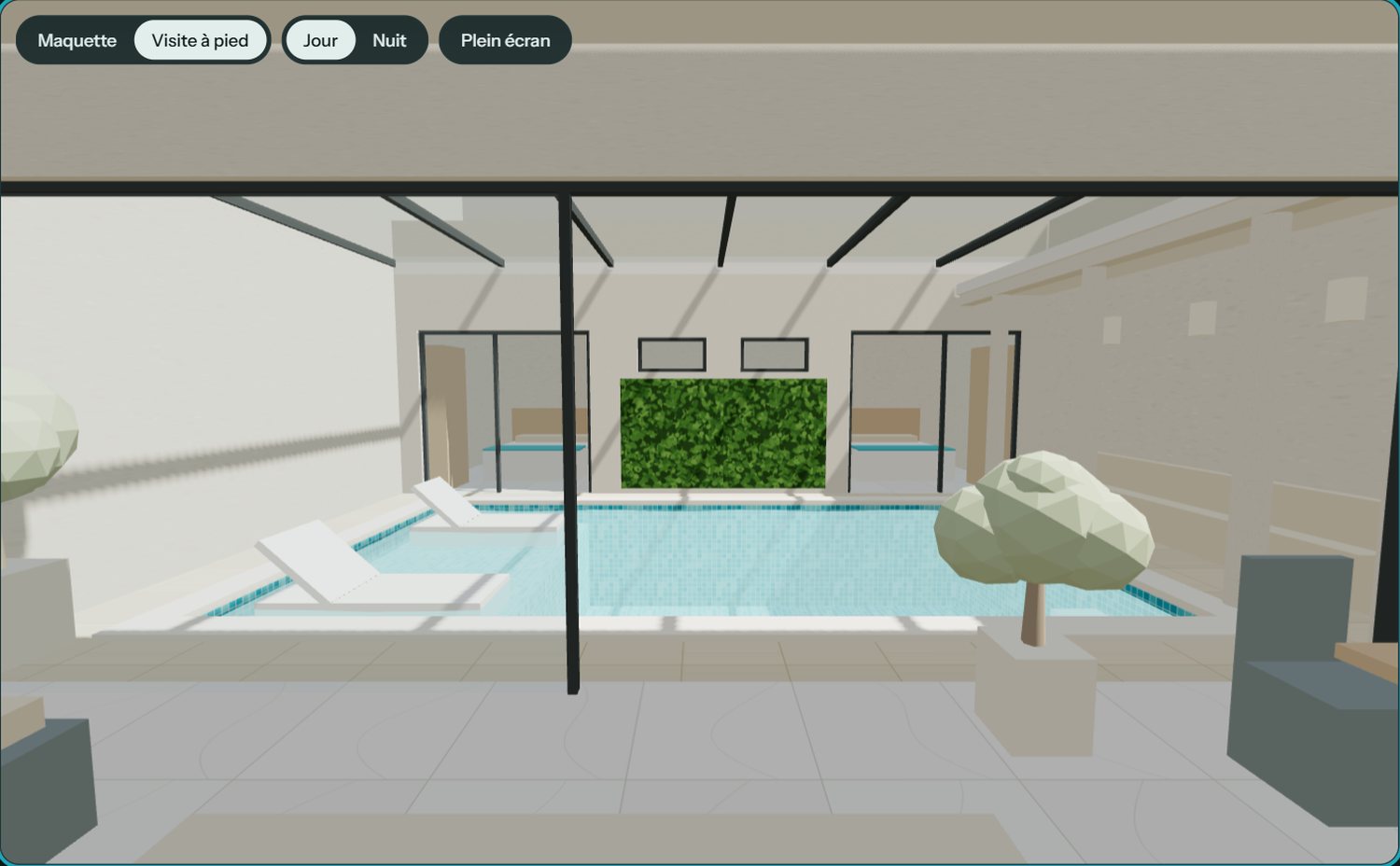 Visite à pied : le patio et la piscine